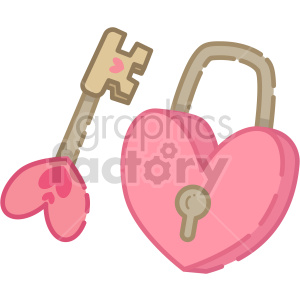 A clipart image featuring a pink heart-shaped padlock and a matching key. This cute and romantic illustration signifies love and security.