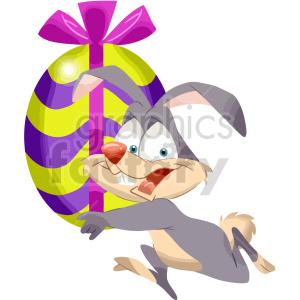 A playful cartoon rabbit holding a large, colorful Easter egg with a pink bow.