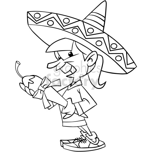 A clipart image of a cartoon character wearing a large hat with a zigzag pattern and circular details, holding a giant chilli