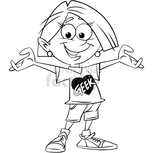 A black and white clipart image of a happy girl with outstretched arms. She is wearing a T-shirt with the word 'geek' inside a heart, shorts, and sneakers.