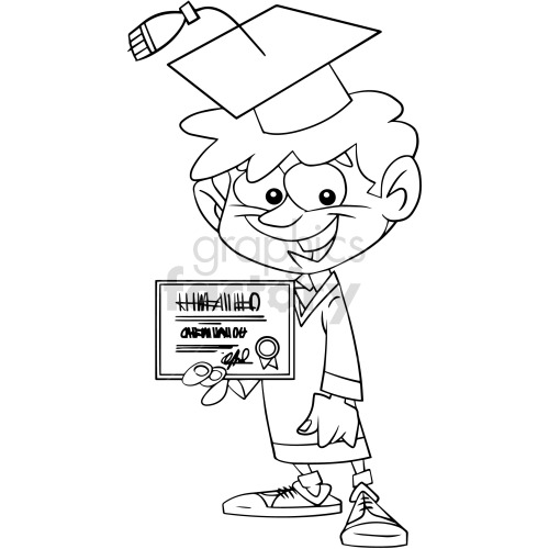  The clipart image shows a cartoon kid wearing a graduation cap and gown, holding a diploma in one hand. This represents a student who has successfully completed their schooling or education. It