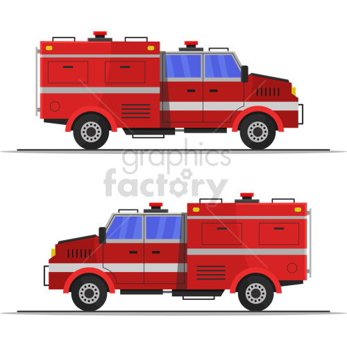 Clipart image of a red fire truck with blue windows and distinct emergency lights on top, shown from two different side views.