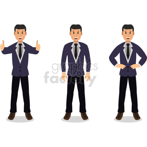 A clipart image showing three animated business characters in different poses, including giving thumbs up, standing straight, and hands on hips.