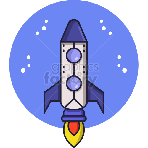 A clipart image of a cartoon rocket ship launching into space with a blue circular background and surrounding stars.