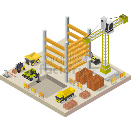 The clipart image shows an isometric view of a construction zone with several construction vehicles in it. The focus of the image is on a dump truck, which is carrying a load of dirt or debris. Other vehicles visible in the image include a backhoe excavator and a crane. The isometric perspective provides a three-dimensional representation of the scene, allowing the viewer to see the different angles of the vehicles. Overall, the image depicts a busy construction site with various vehicles working together to complete a project.
