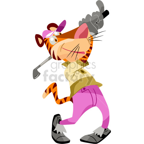 A clipart image of an anthropomorphic tiger wearing a golf outfit, including a cap, yellow shirt, and pink pants, while holding a golf club ready for a swing.