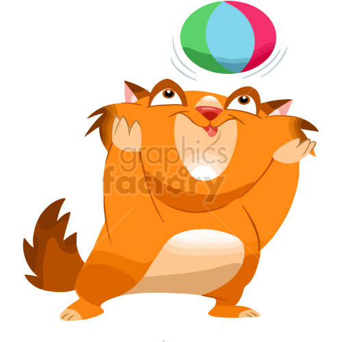 The image is a colorful clipart depicting a playful orange cat standing on its hind legs trying to bat at a brightly colored ball above its head.