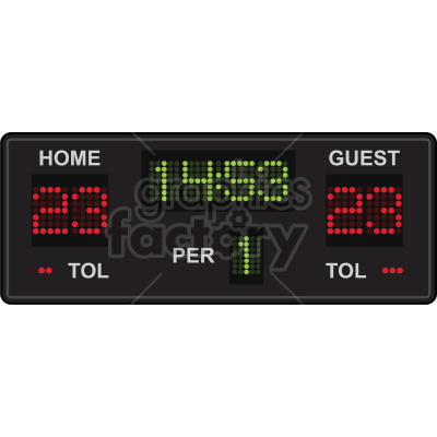 Digital sports scoreboard showing time, scores for home and guest teams, and current period number.