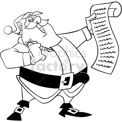 Black and white clipart of a cheerful Santa Claus holding a long list with one hand and pointing to it with the other.