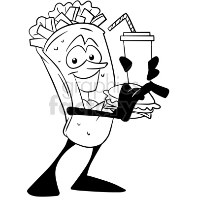 A cartoon illustration of a happy burrito character holding a burger and a drink with a straw.