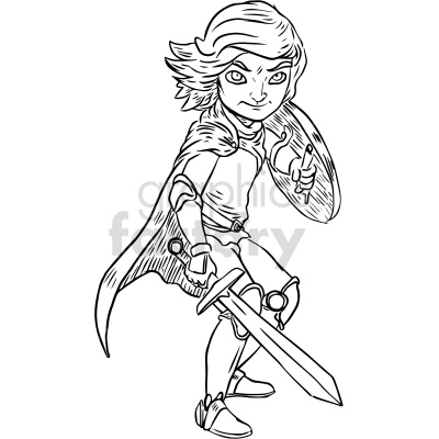 A clipart image of a determined young warrior holding a sword and shield, dressed in a cape and armor, ready for battle.
