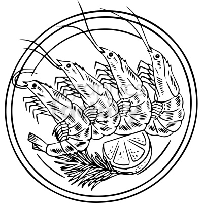 A black and white clipart image of four shrimps on a plate, garnished with a lemon slice and herbs.