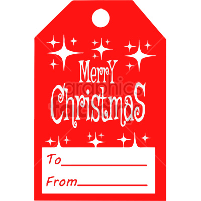 A vibrant red Christmas gift tag with the words 'Merry Christmas' in white, surrounded by white star illustrations. The tag includes 'To' and 'From' lines at the bottom for personalization.