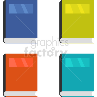 Clipart image of four books with different colored covers: blue, yellow, red, and teal, placed in a grid layout.