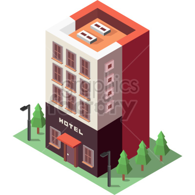   This clipart image shows an isometric view of a hotel storefront with trees outside. It appears to depict a three-story building with a flat roof. The front of the building has multiple windows and doors, as well as a sign that reads "HOTEL." There are several trees surrounding the hotel, including two large light poles in front of the entrance.
 