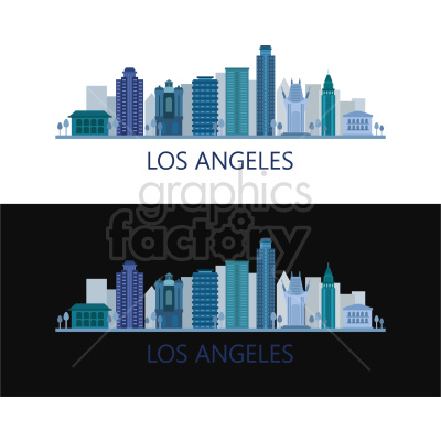The clipart image features an illustrated skyline of Los Angeles with notable buildings in a modern and stylized design. The illustration is presented in two color variants - one with a white background and the other with a black background, both with the text 'LOS ANGELES' prominently displayed beneath the skyline.