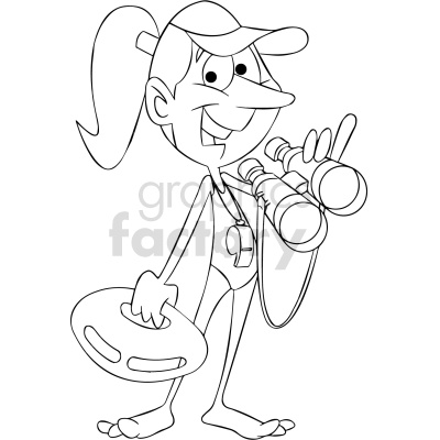 A black and white clipart illustration of a cheerful lifeguard. The lifeguard is wearing a cap, holding binoculars with one hand and a rescue float with the other hand. There is a whistle around the lifeguard's neck.