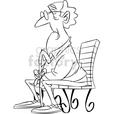 The clipart image shows a black and white cartoon of an elderly person sitting on a bench. The person appears to be sad, lonely, and possibly tired or in poor health.
