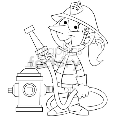 Black and white clipart image of a firefighter holding a hose next to a fire hydrant.