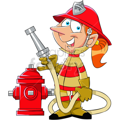 The clipart image shows a cartoon depiction of a female firefighter. She is wearing protective gear, including a red helmet and jacket with reflective stripes. The firefighter is holding a fire hose in her hand, standing next to a fire hydrant.
