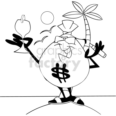 A clipart image of a money bag character with a dollar sign, wearing sunglasses, holding a drink, and standing near a palm tree.
