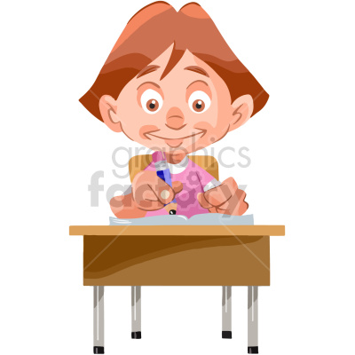 This clipart image features a cheerful child sitting at a desk. The child is holding a pencil and appears to be writing in a notebook. The child has brown hair and is wearing a pink shirt.