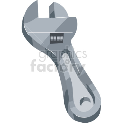 A clipart image of an adjustable wrench in grayscale, showcasing its metallic design and adjustable jaw feature.
