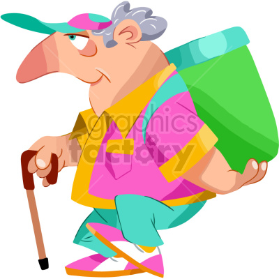 A cartoon illustration of an elderly man with a large nose, wearing a green cap, pink shirt with yellow accents, turquoise pants and shoes, carrying a green backpack and holding a walking stick.