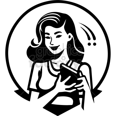 Black and white clipart image of a smiling woman holding her mobile phone