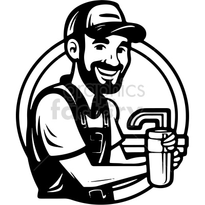 Black and white clipart image of a smiling plumber wearing a cap and overalls, holding a pipe wrench.