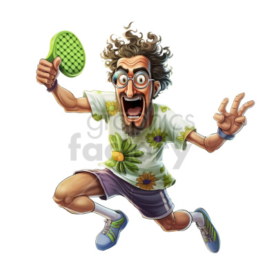 Animated image of an excited man with curly hair and glasses, wearing a floral shirt and shorts, jumping energetically while holding a green pickleball paddle.