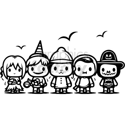 black and white large group of kids going trick or treating vector clip art