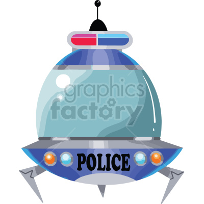 A clipart image of a police-themed UFO spaceship with landing gear, a transparent dome, and a red and blue siren on top. The word 'POLICE' is written on the front.