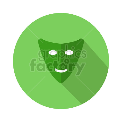 A green comedy mask on a round green background, representing the theatrical arts, particularly comedy.