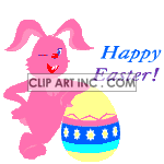 Happy Easter winking pink bunny leaning on egg