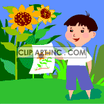 Animated little boy standing in the garden showing off his picture of sunflowers