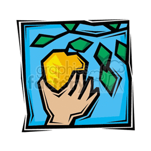 The clipart image depicts a stylized illustration of a hand picking an apple from a tree. There are leaves and what seems to be branches of the tree, with a singular apple being plucked.