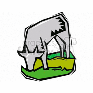 This clipart image displays a stylized grey cow or bull with white details standing on a green patch of grass which suggests a farm or field environment. The cow or bull appears to be grazing or eating the grass.
