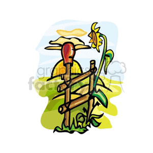 This clipart image features a stylized representation of agricultural elements. There is a sun depicted in the background with rays, conveying the time around sunrise. In the foreground, there's a wooden fence, often associated with farms, and a sunflower attached to it, adding to the rural countryside theme. The background includes rolling hills and fields that imply a spacious farm landscape.