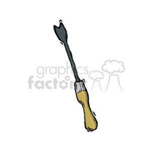 The image appears to show a clipart illustration of a fishtail weeder, which is a gardening tool used for removing weeds, especially in tough soil conditions. The tool has a long handle and a forked metal end that resembles a fish's tail, designed to dig into the soil and extract weeds from their roots.