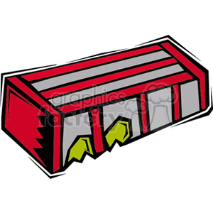 The clipart image shows a stylized, cartoon-like representation of a box that may be used for transporting or storing fruit as part of agricultural activities. The box appears to have an abstract design with red and grey stripes and flaps on the end that are partially open.