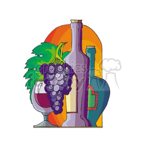 The clipart image features a bunch of purple grapes with green leaves next to a glass of wine and two wine bottles, suggesting themes of winemaking, viticulture, and wine consumption.