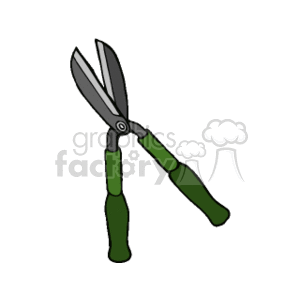 The clipart image shows a pair of hedge clippers, which are used to trim and shape hedges or bushes in gardening. They have a green handles
