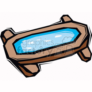This image depicts a stylized, abstract illustration of a water trough typically used in agriculture. It features a brown rectangular structure with legs, containing blue water.