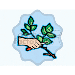 The clipart image features an illustration of a hand holding a gardening knife or pruner, trimming a branch with leaves. The background is abstract with a simple blue shape outlining the main illustration. The imagery suggests a theme of gardening, tree trimming, or agriculture maintenance.