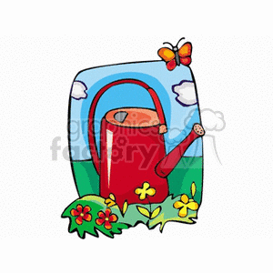 Red watering can displayed next to flowers in a sunny field