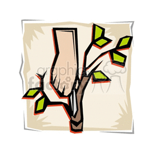 The clipart image depicts a simplified, stylized version of a tree or plant being pruned or cut with a knife. The tree has a few leaves on its branches, which are being trimmed. The image represents activities such as gardening, pruning, or possibly wood carving, though it leans more towards gardening due to the presence of leaves.