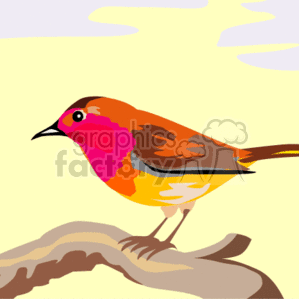 The image is an illustration of a colorful bird with a pink and head perched on a branch. The bird has a long beak. The background of the image is a light yellow color. The bird stands out from its surroundings due to its vibrant hues.