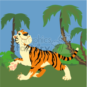 The clipart image shows a cartoonish depiction of a tiger walking through the jungle. It has palm tree-type trees in the background, with grass below its feet. The tiger has a happy look on its face, and is mid-way through taking a step