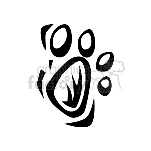 The image is a black and white clipart of a single animal paw print. It consists of four smaller pads arranged around a larger central pad.